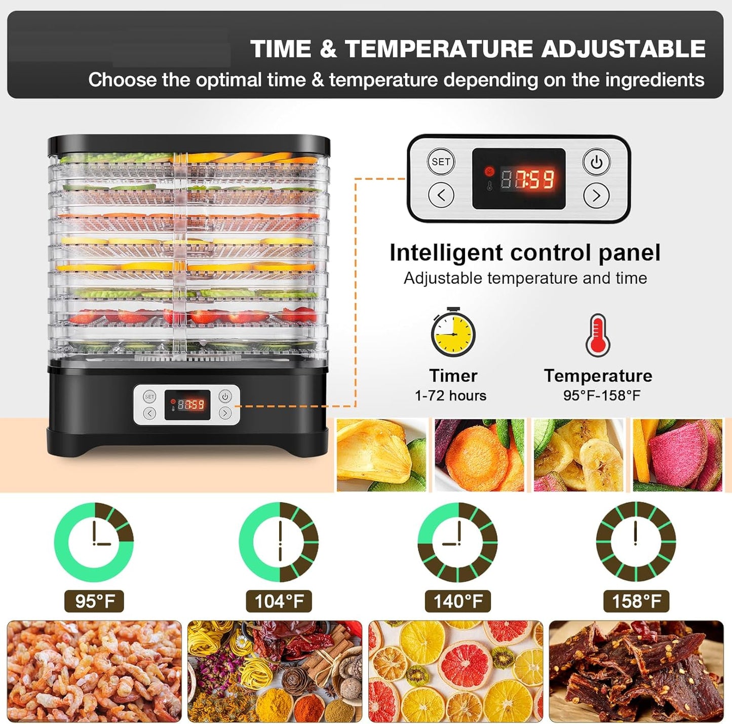 Droogautomaat roestvrij staal, 400 W, droger voor fruit, vlees en kruiden, incl. 8 x droogniveaus, droogfolie en droogrooster, dehydrator met temperatuurregelaar 35-70 °C