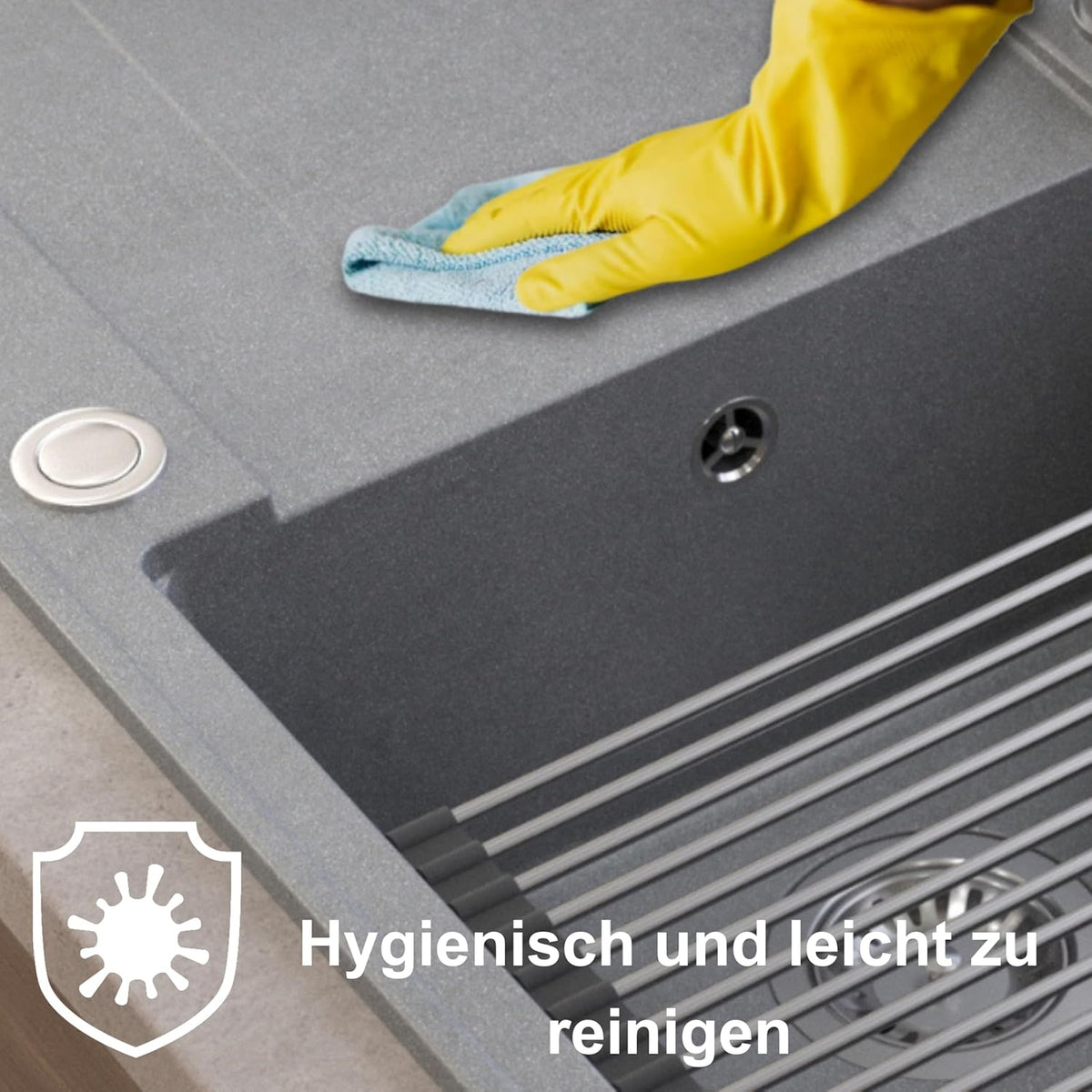 Quadron Eva 111 spoelbak, grijs en koper, afmetingen 86 x 50 x 21 cm, granieten spoelbak EVAN 111, enkele spoelbak, keukenspoelbak, met handmatige sifon en afdruipoppervlak, 1 spoelbak