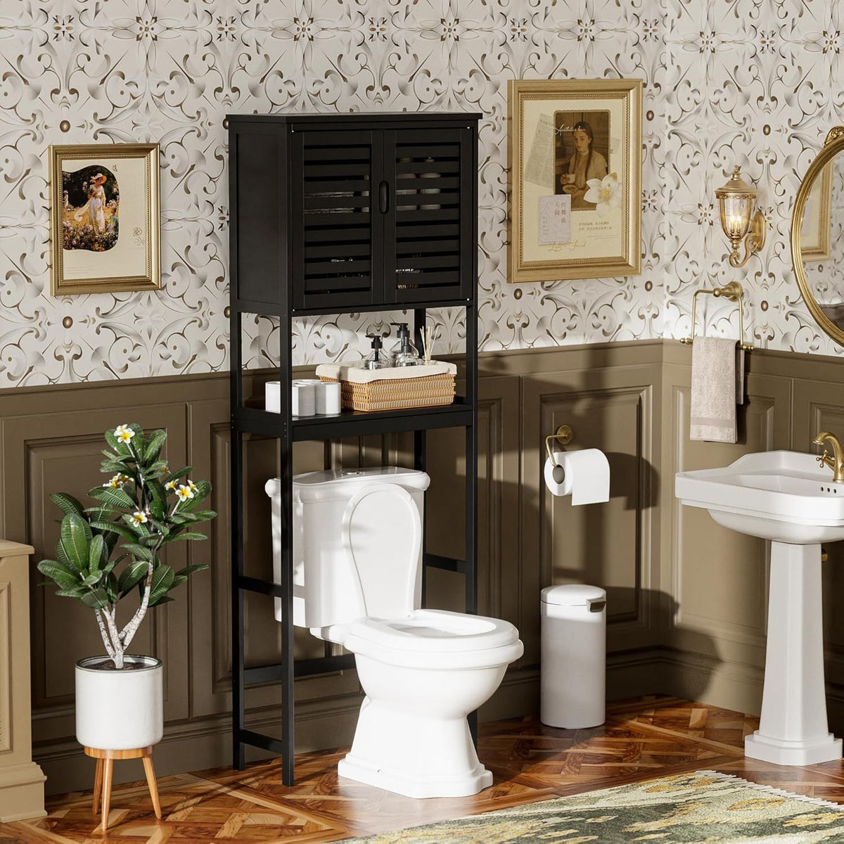 SMIBUY Badkamer boven het toilet opbergkast, 2-deurs bamboe kast organizer, vrijstaand ruimtebesparend toiletrek met verstelbare binnenplank en open plank (zwart)