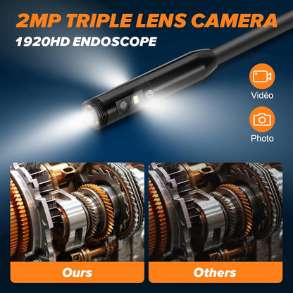 WADEO Triple-Lens Endoscoop Camera met Licht, Professionele Borescope, 33FT Kabel, Grote 5" IPS 1920P HD Screen, Waterdichte IP67, 200W Pixel, Type-C, 32GB TF-kaart