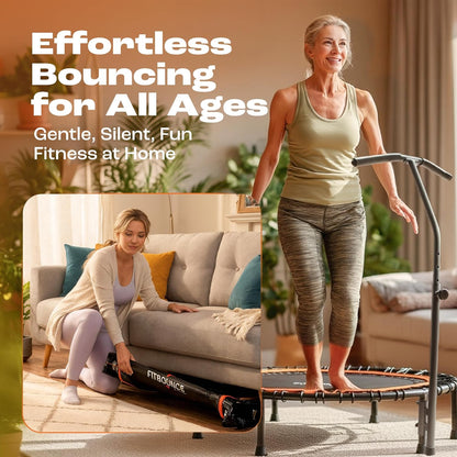 MXL FIT Bounce PRO Bungee Rebounder met T-Bar Handvat - Premium Indoor Mini Trampoline voor Volwassenen Stille Laag-Impact Bounce, Half-Opvouwbaar met Opvouwbare Stalen Poten & Draagtas - 101,6 cm
