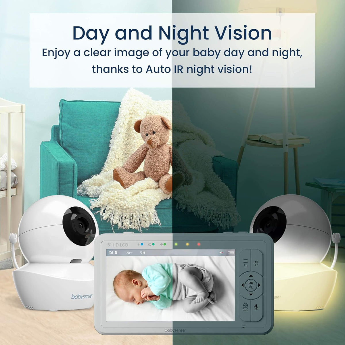 Babysense Babyfoon HD 5 inch met 2 camera's, video-babyfoon zonder wifi, nachtlampje, slaapliedjes, 300 m bereik, tweeweg audio, 4-voudige zoom, 4000 mAh batterij