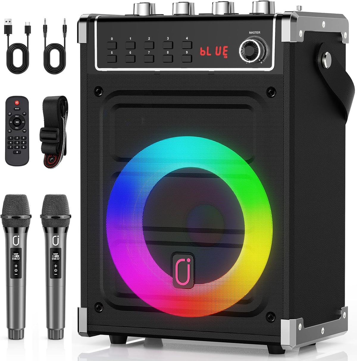 JYX karaokemachine met 2 UHF draadloze microfoons, bas/treble Bluetooth-luidspreker met LED-licht, ondersteuning TWS, AUX In, FM, REC, levering voor feest/volwassenen/kinderen - zwart