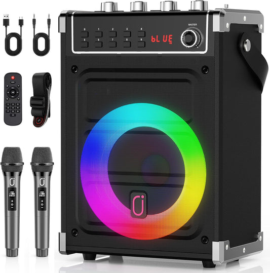 JYX karaokemachine met 2 UHF draadloze microfoons, bas/treble Bluetooth-luidspreker met LED-licht, ondersteuning TWS, AUX In, FM, REC, levering voor feest/volwassenen/kinderen - zwart