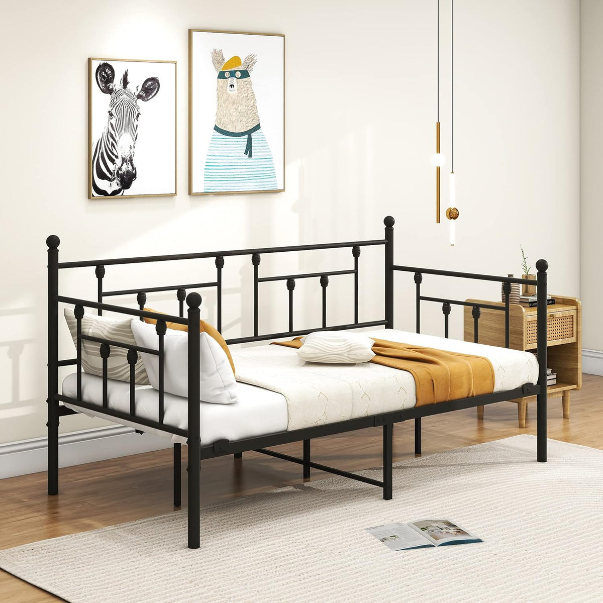 Dagbed, bedframe, 90 x 200 cm, eenpersoonsbed, slaapbank met lattenbodem, voor logeerkamer, tienerbed, metalen bed, dagbed, bedframe voor slaapkamer en woonkamer, zwart