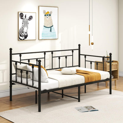 Dagbed, bedframe, 90 x 200 cm, eenpersoonsbed, slaapbank met lattenbodem, voor logeerkamer, tienerbed, metalen bed, dagbed, bedframe voor slaapkamer en woonkamer, zwart