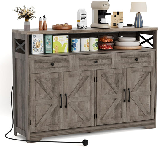 Sideboard, keukenkast met laden, opbergkast, dressoir met open plank, koffiebarkast voor keuken, eetkamer, woonkamer, 130 x 35 x 95 cm, grijs in houtlook