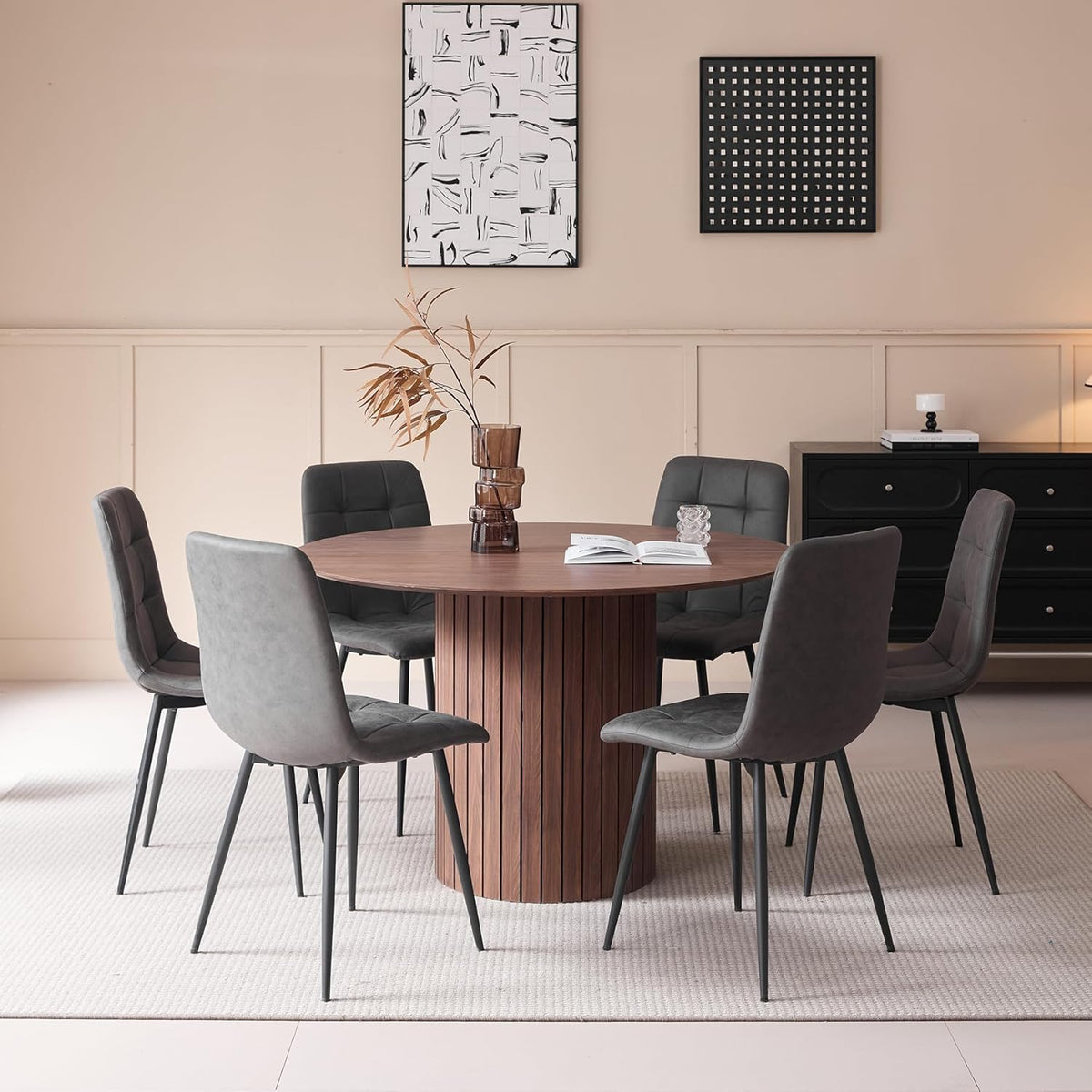 Ronde Eettafel – Boerderijkeukentafel – Eetkamertafel – Keukentafel – Tafel Voor 4-6 Personen – MDF Tafelblad 1,8 cm Dik – Robuuste Cilindrische Houten Lattenbasis