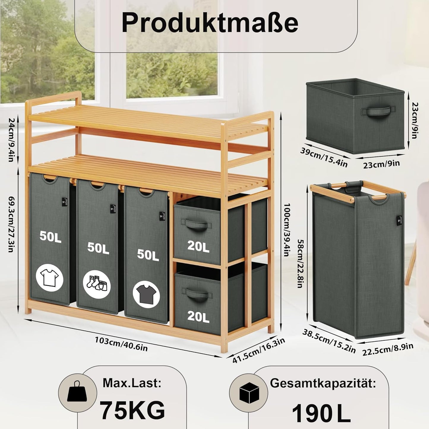 ADEL DREAM Wasmand 5 vakken, 2 planken, wasverzamelaar, 190 liter, wasboxen met mand, wassorteerder met 3 waszakken en 2 stoffen boxen, waszak, bamboe, wasrek, wasmand, laundry basket, donkergrijs