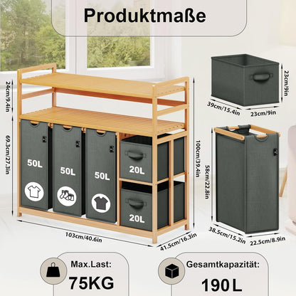 ADEL DREAM Wasmand 5 vakken, 2 planken, wasverzamelaar, 190 liter, wasboxen met mand, wassorteerder met 3 waszakken en 2 stoffen boxen, waszak, bamboe, wasrek, wasmand, laundry basket, donkergrijs
