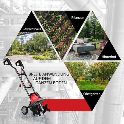 FANTASK 1200 W elektrische grondhak rood, tuin motorhak elektrisch met veiligheidsschakelaar, vloerfrees tuinfrees tuinhak 22 cm werkdiepte en 35 cm werkbreedte