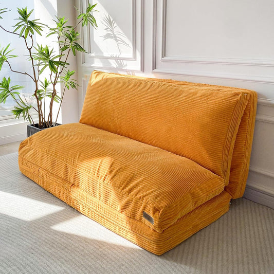 MAXYOYO Zitzakbed, opvouwbaar, corduroy fluweel, slaapbank, vloermatras voor volwassenen, extra dik, 4-voudig gevouwen, vloerbank voor slaapkamer, woonkamer, beige, 100 x 240 cm