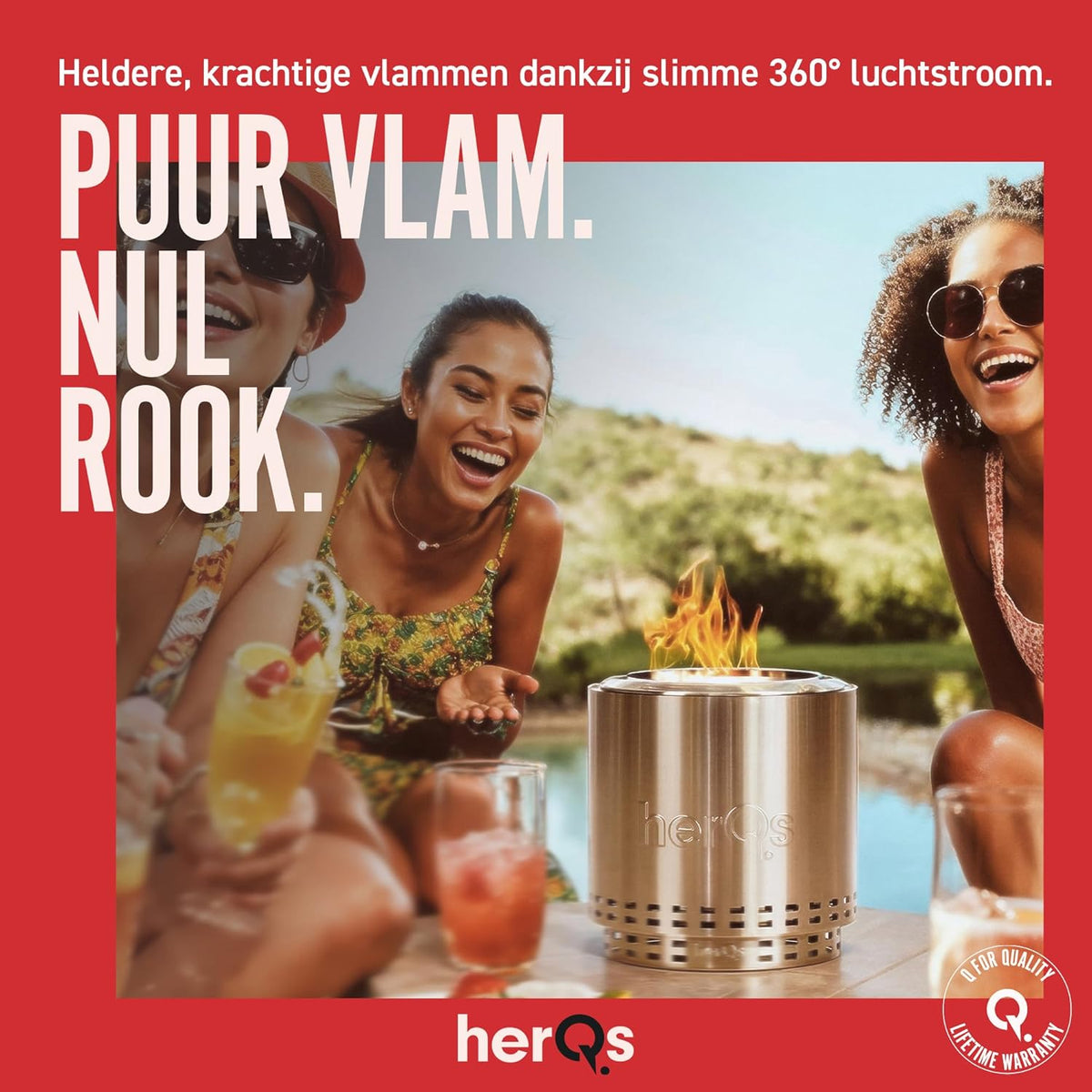 herQs Cozy - Rookvrije vuurkorf van roestvrij staal Ø38 cm voor 4-6 personen – Smokeless firepit met secundaire verbranding – Inclusief draagtas en asopvangbak - voor de kleine en gemiddelde tuin