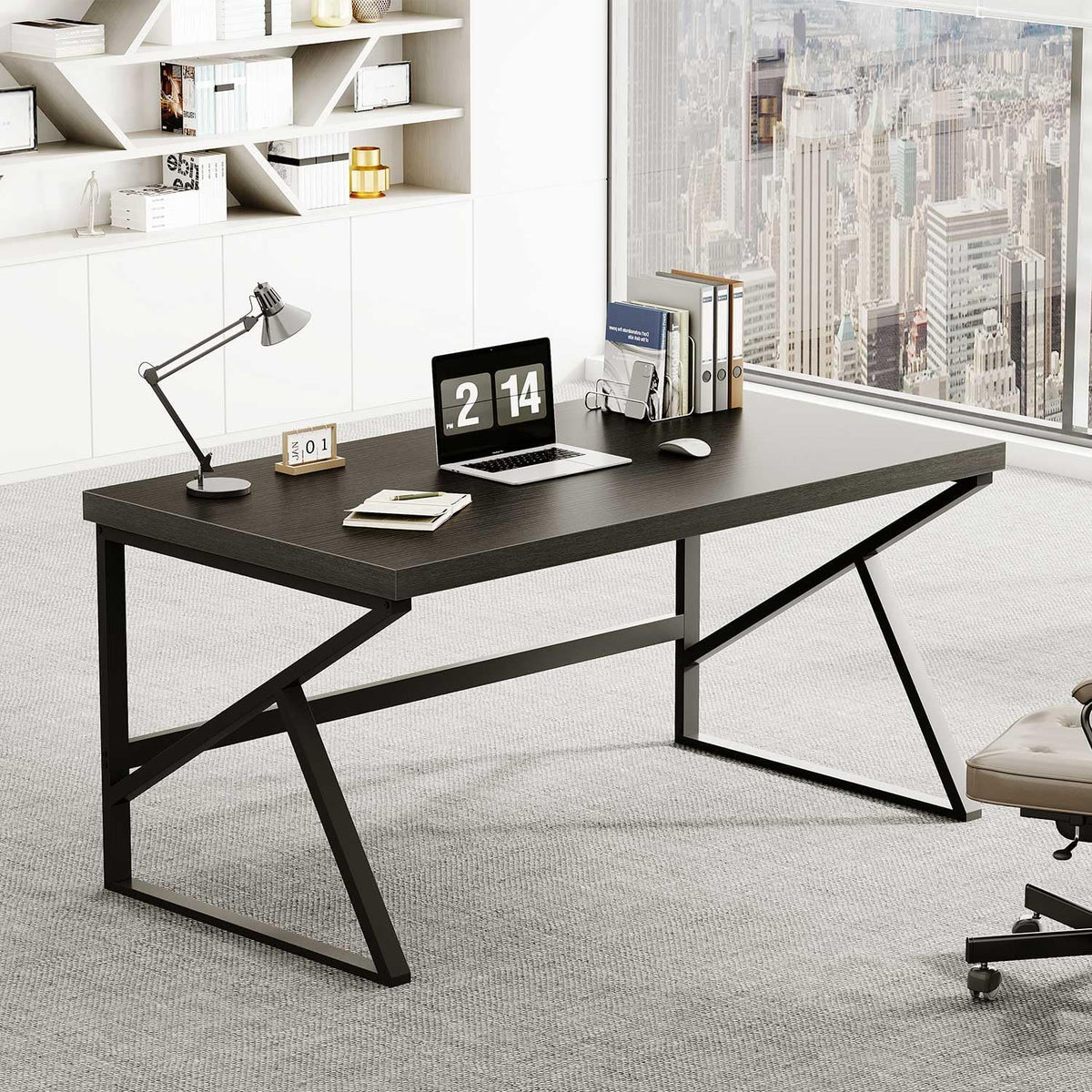 HSH Bureau, computertafel als moderne pc-tafel en bureautafel voor thuiskantoor, van metaal en hout, voor woonkamer, slaapkamer, werkkamer, zwart, 140 cm