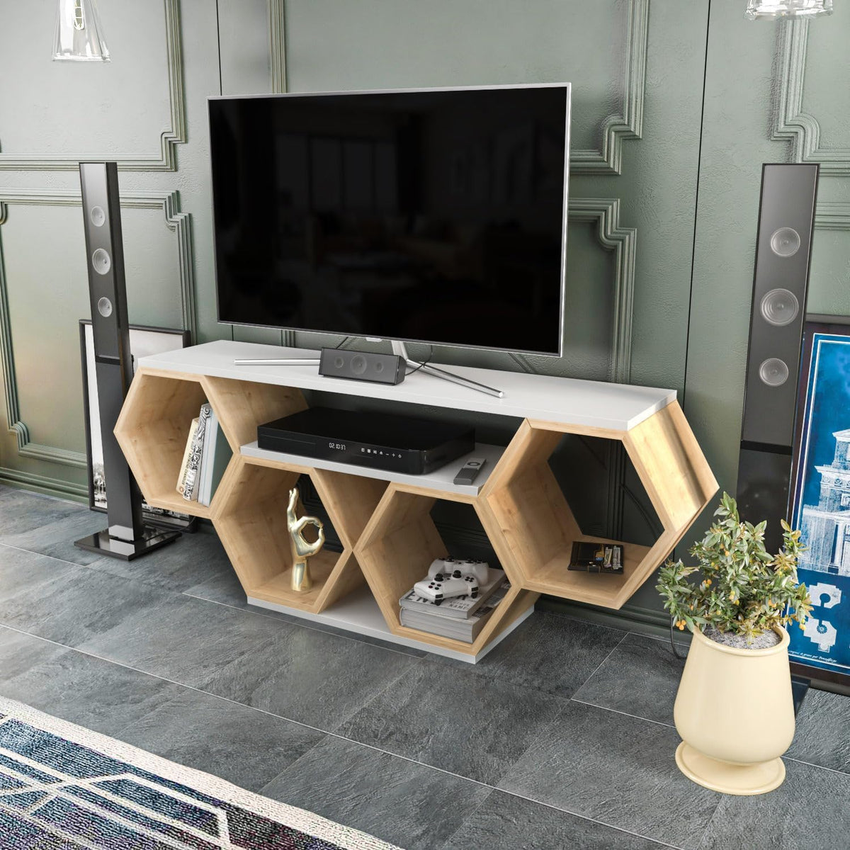 Hanah Home Stijlvolle tv-standaard, wit & Sonamo, 140 x 29,6 x 55,5 cm, 100% melamine gecoat particle board, 18 mm dik, modern design voor woonkamer en entertainment