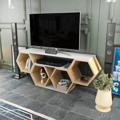 Hanah Home Stijlvolle tv-standaard, wit & Sonamo, 140 x 29,6 x 55,5 cm, 100% melamine gecoat particle board, 18 mm dik, modern design voor woonkamer en entertainment