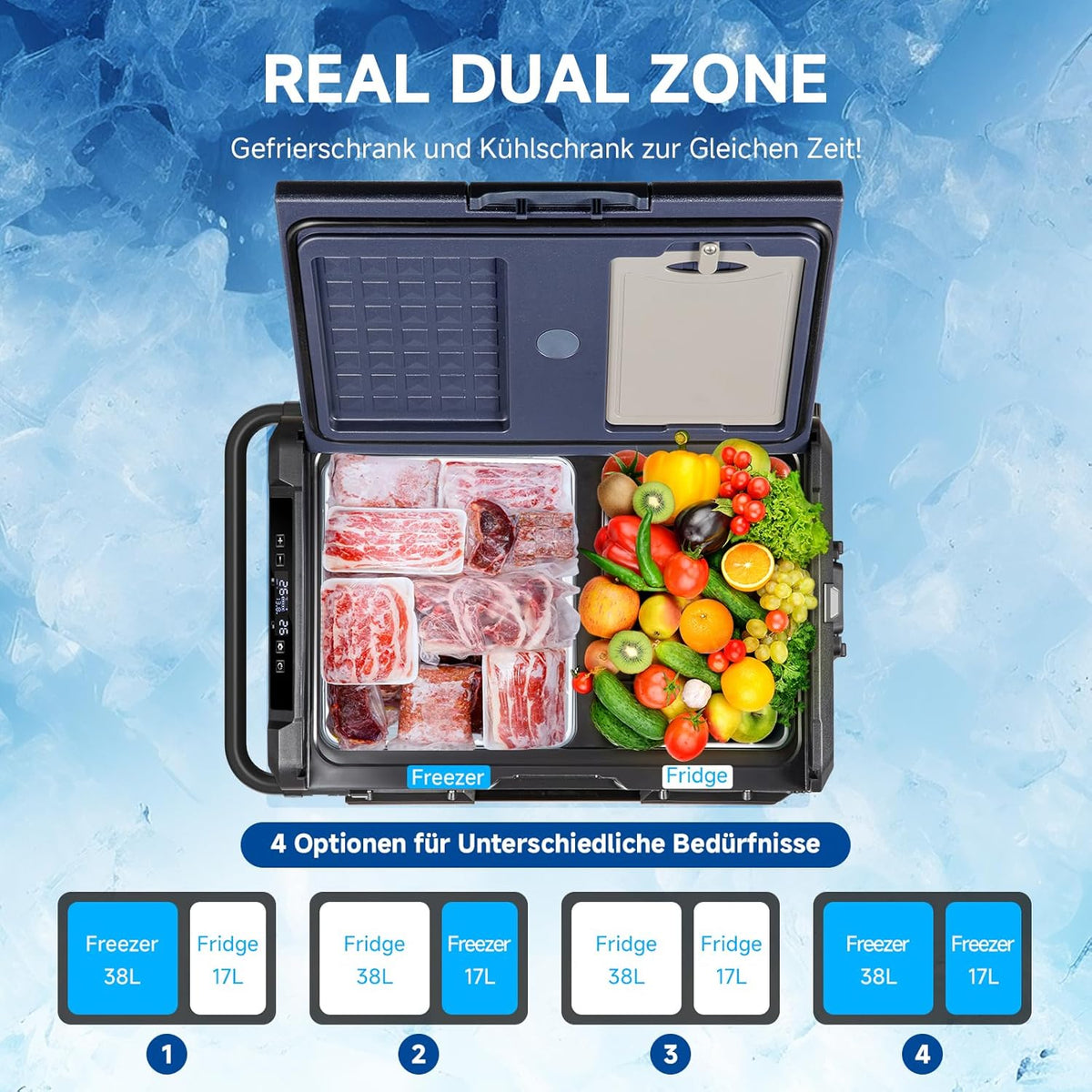 AAOBOSI Compressorkoelbox, 55 liter, koelbox auto met accu, app, led-touch, tot -20 °C, autokoelbox, 12 V, 230 V, voor camping, vrachtwagen, boot, camper, dubbele zone onafhankelijke controle