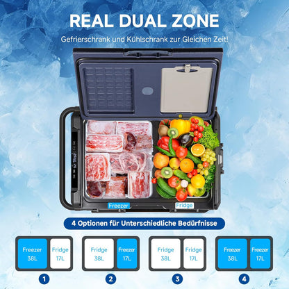 AAOBOSI Compressorkoelbox, 55 liter, koelbox auto met accu, app, led-touch, tot -20 °C, autokoelbox, 12 V, 230 V, voor camping, vrachtwagen, boot, camper, dubbele zone onafhankelijke controle