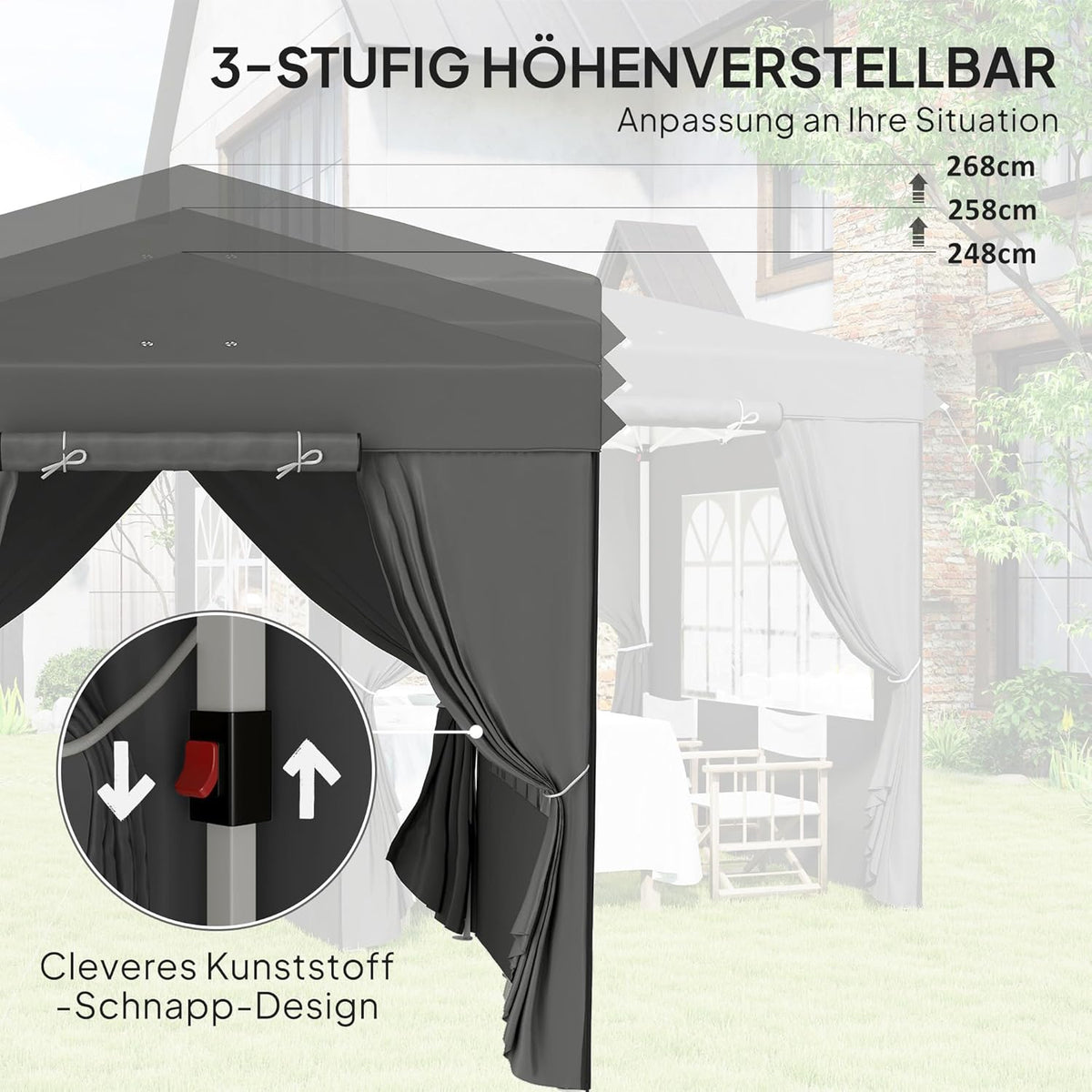 Paviljoen – Tuinpaviljoen – Vouwtent – Partytent – Campingtent – Pop-up Snel Op te Zetten – UPF 50+ UV Bescherming – 2,5x2,5m – Donkergrijs