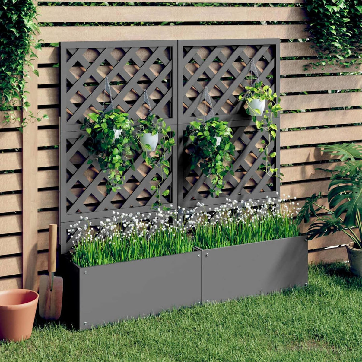 Tidyard WPC 2-Piece Grey Garden Planter with Separate Shoulder Surface Grilled Planter for Outdoor Loft Bed Planter with Grid Flower Box Outdoor 65 x 30 x 135 cm - QUORE