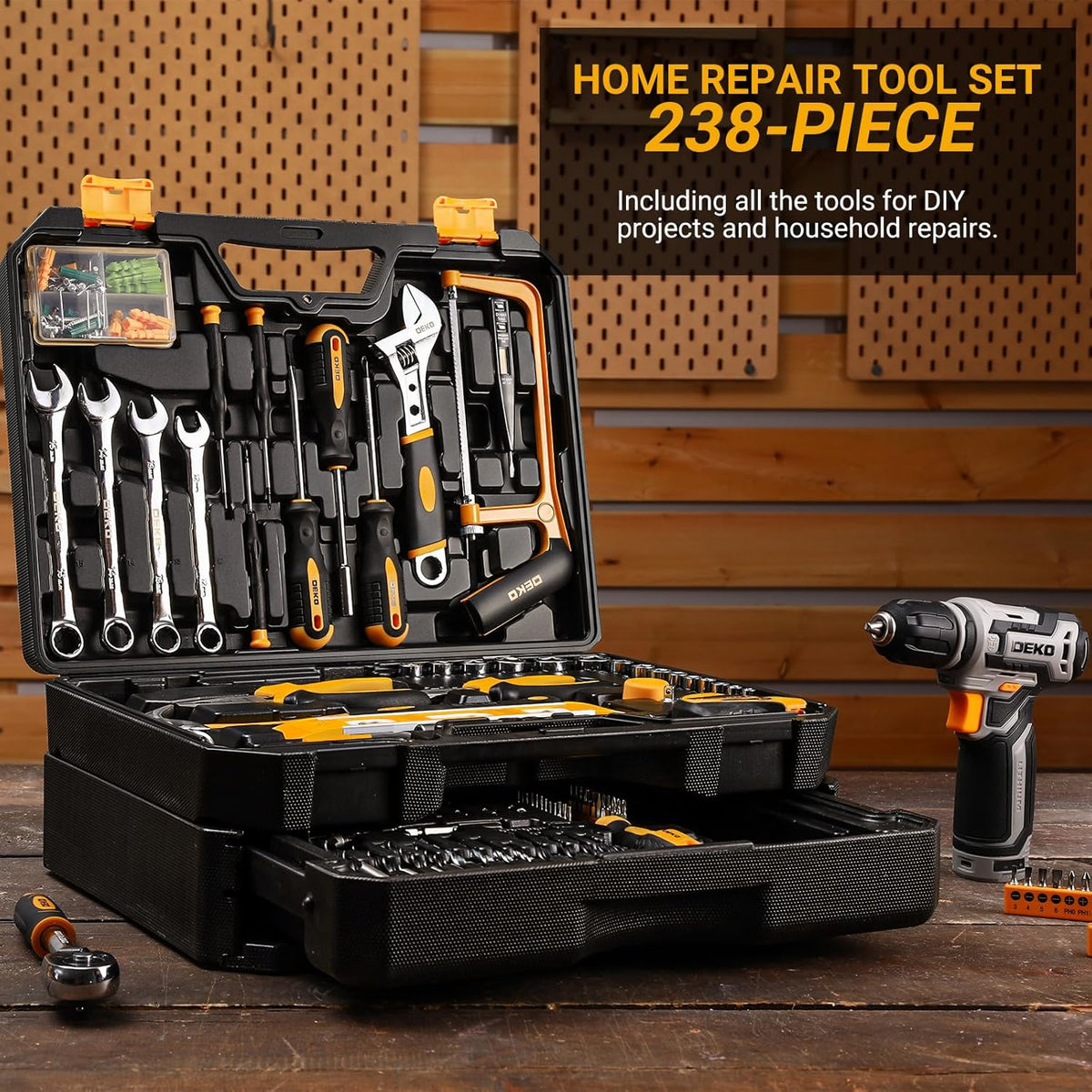 Tool Kit Box Boor Set: DEKO Home Mechanic Toolbox met 12V Power Draadloze Boor Hand Reparatie Gereedschap Sets Combo Kits Opslag Organizer Lade Case voor Mannen