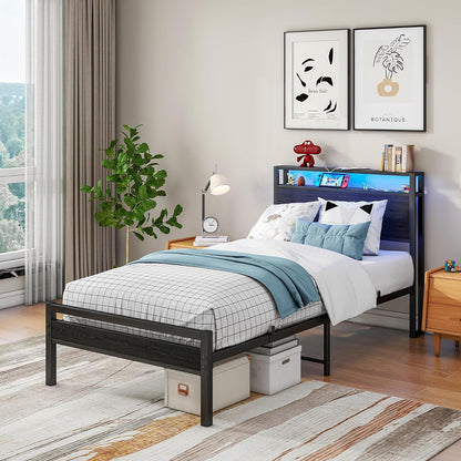 Bed van metaal en hout, 90 x 200 cm, met lattenbodem, USB-oplaadfunctie type C, hoofdeinde met opbergruimte, voor gasten of jongeren, zwart