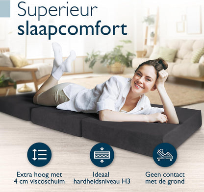 Beautissu Premium XL Vouwmatras 90x200 cm incl. Tas – Opvouwbaar Logeermartas Extra Dik 14 cm Traagschuim – Wasbare Hoes, Eenvoudig Transport & Hoog Slaapcomfort Opvouwbaar Gastenmatras – Grijs