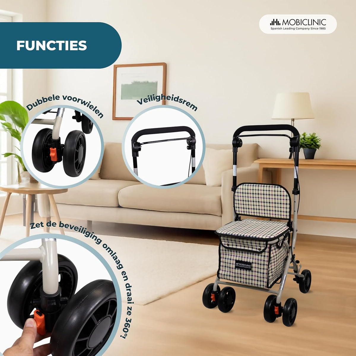 Mobiclinic®, Opvouwbare Rollator, Boodschappenkar met Zitting, Coliseum, Enkele Hendel, Staal, Grote Mand, Rugleuning en Vulling, Remsysteem, 360° Wielen (Schilderijen)