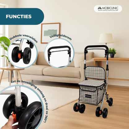 Mobiclinic®, Opvouwbare Rollator, Boodschappenkar met Zitting, Coliseum, Enkele Hendel, Staal, Grote Mand, Rugleuning en Vulling, Remsysteem, 360° Wielen (Schilderijen)