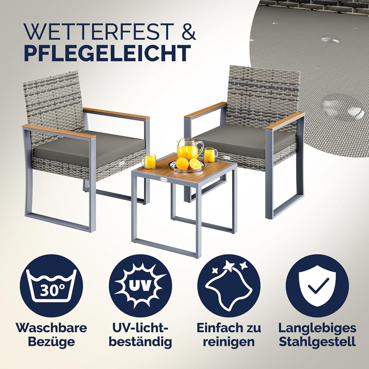 CASARIA® Outdoor Furniture Polyrattan Set Weatherproof 2 Chairs Table Cushions Load Up to 160 kg Adjustable Terrace Balcony Furniture Lounge Acacia Wood Grey - QUORE