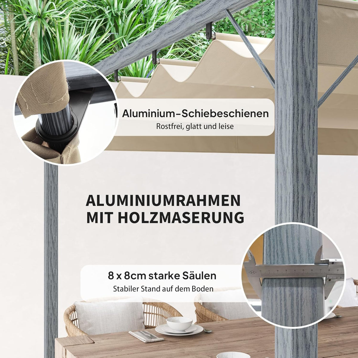 Outsunny Pergola in approx. 3x3m Garten Pavillon mit magnetischen Pad, Terrassendachung aus Aluminium, Gartenpavillon mit verstellbares Dach, Freistehend, UV Schutz 30+, für Terrasse und Garten, Grau - QUORE