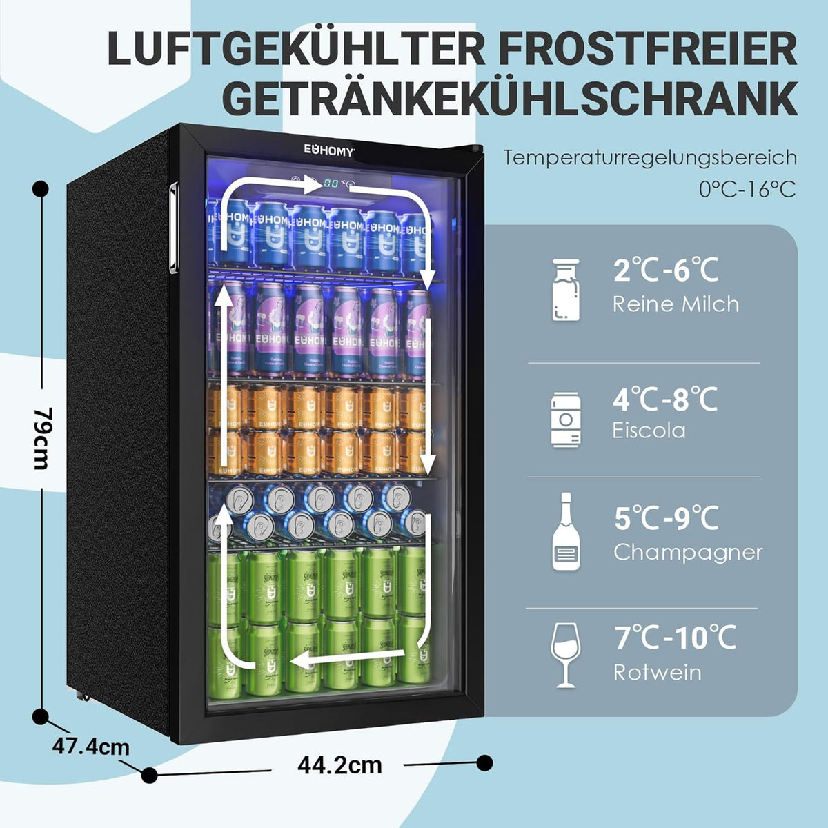 EUHOMY Drankkoelkast, mini-koelkast voor 126 blikjes met glazen deur, kleine koelkast met verstelbare planken voor limonade, bier of wijn, voor thuis/bar/kantoor, zwart roestvrij staal