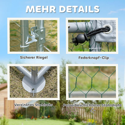 PawHut Chicken Coop 10.2 m² 3 x 3.4 x 1.90 m with UV-resistant waterproof cloth, security lock, door, chicken coop for 10-15 chickens, silver, steel - QUORE