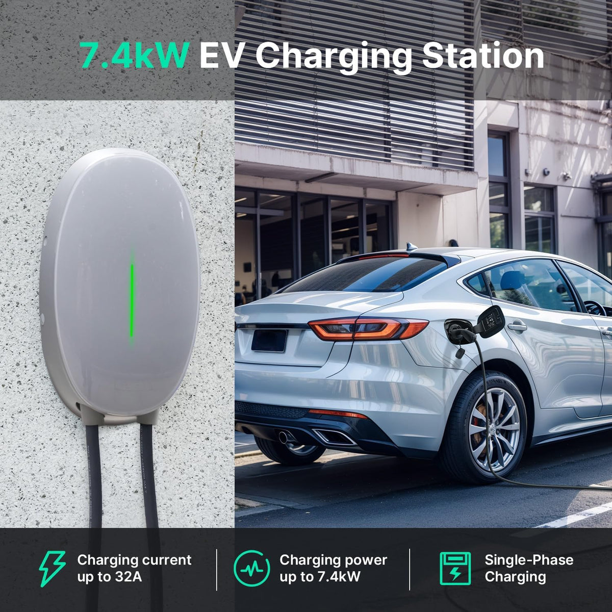 EV oplader met 7 kW type 2, 32 A eenfasig thuislaadstation Wallbox, 6 m oplaadkabel en type 2 stekker met lichtstrip voor EV PHEV, grijs