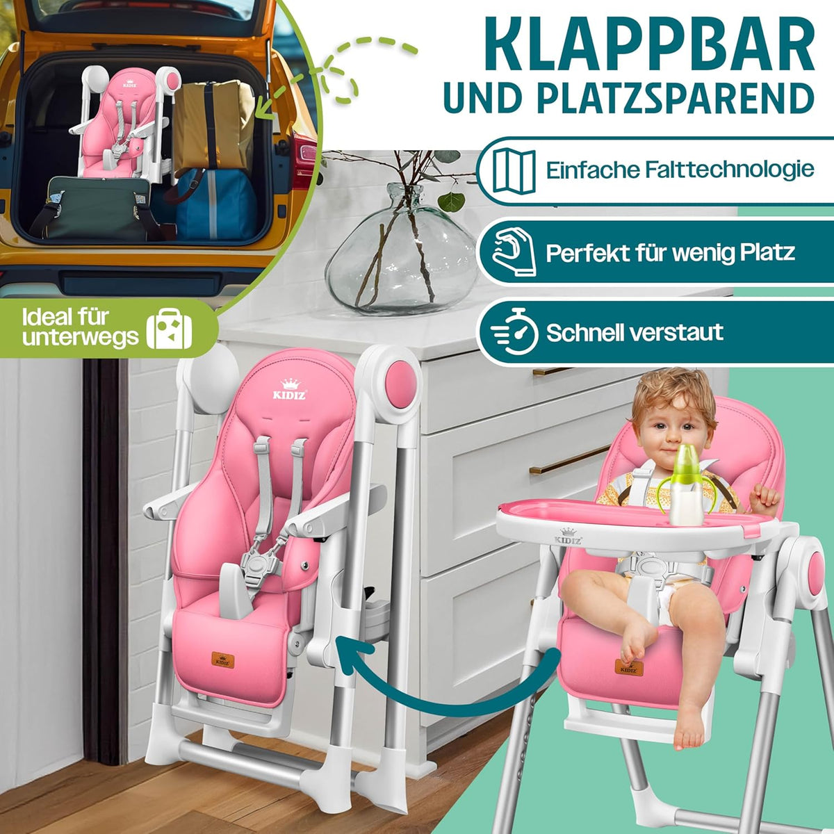 KIDIZ® 3-in-1 High Chair with Play Bar, Baby Lounger, Combination High Chair, High Baby Chair, Adjustable to 7 Heights, Adjustable Backrest, Growing From 0 Months to 6 Years, Baby Chair, - QUORE