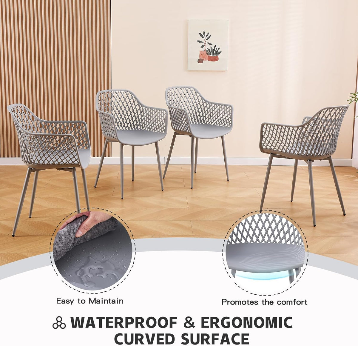 Eetkamerstoelen met armleuningen, uitgehold ruitpatroon, tuinstoelen, set van 4, grijs