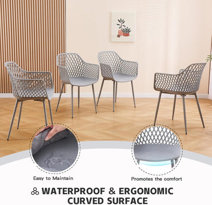 Eetkamerstoelen met armleuningen, uitgehold ruitpatroon, tuinstoelen, set van 4, grijs