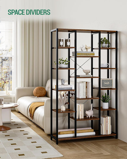 Hzuaneri Bookshelf, 6 Tier Bookcase with 15 Open Shelves, Adjustable Storage Cabinet for Living Room and Home Office, 30 x 100 x 170 cm, Rustic Brown and Black, BC15001B