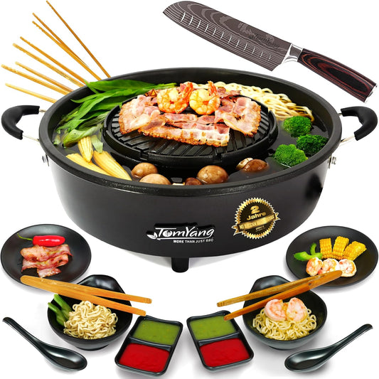 TomYang BBQ – De Originele Thai Grill & Hot-Pot-Schaal, inclusief Premium Accessoires met TomYang Santokumes van Duits roestvrij staal!