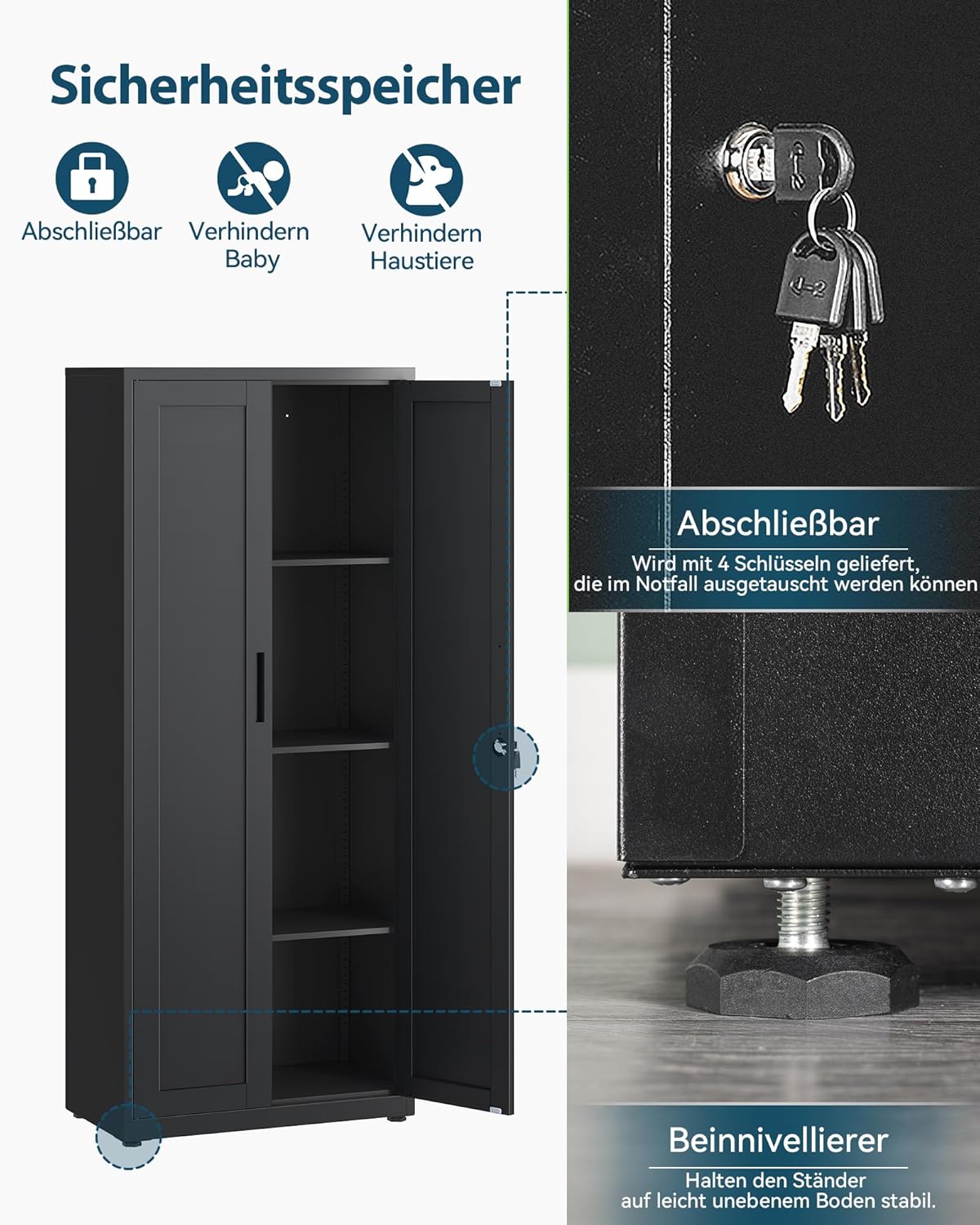 Dossierkast, afsluitbare garagekast, 3 niveaus, bureaukast, werkplaatskast met verstelbare planken, voor kantoor, garage en bijkeuken, 40 x 75 x 181,5 cm, zwart