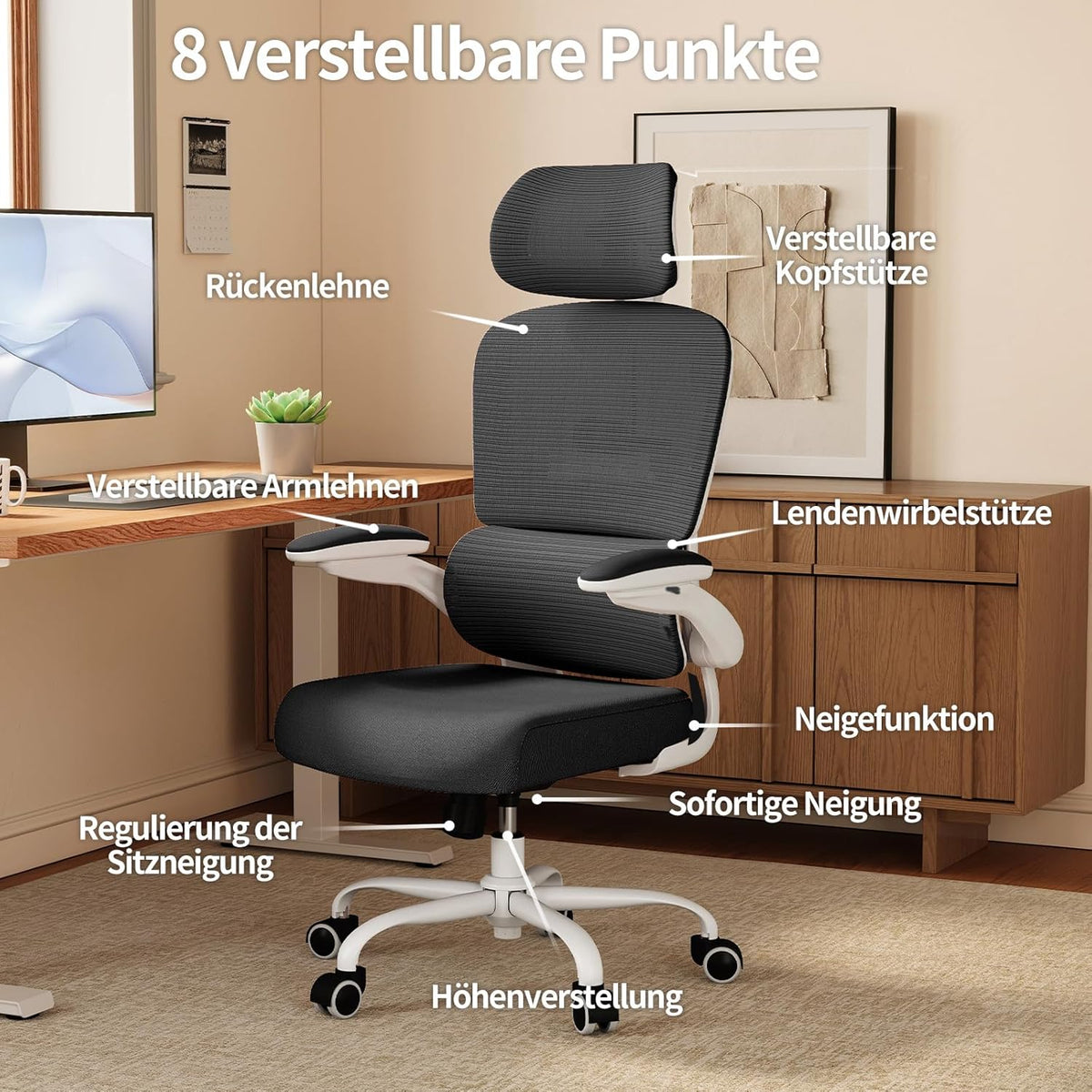 TRALT Bureaustoel Ergonomisch - Bureaustoel met Verstelbare Lendensteun Hoofdsteun Gaming Stoel - Office Chair - Bureaustoel Thuiskantoor Stoel Ergonomisch 150kg voor Grote Mensen Wit-Zwart