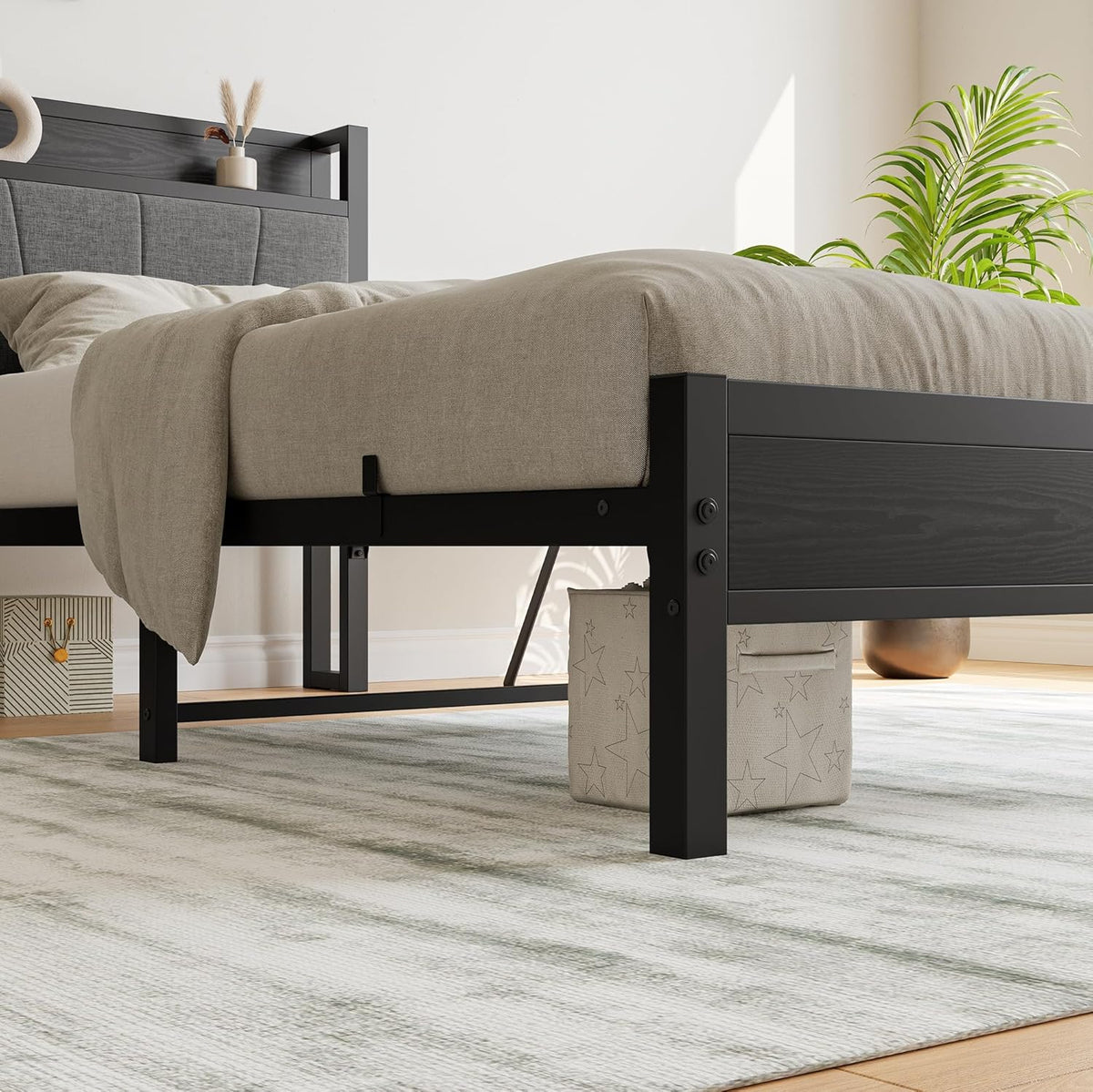 91 cm eenpersoonsbedframe met opberghoofdeinde, zwaar metalen gestoffeerd platformbedframe, matrasstichting/sterke stalen lattenondersteuning/opslag onder bed/eenvoudige montage/zwart