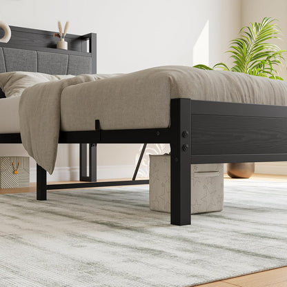 91 cm eenpersoonsbedframe met opberghoofdeinde, zwaar metalen gestoffeerd platformbedframe, matrasstichting/sterke stalen lattenondersteuning/opslag onder bed/eenvoudige montage/zwart