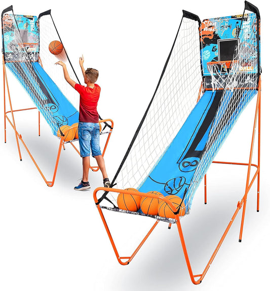 SereneLife Arcade Basketbalspel - Basketbalautomaat- met Elektronisch LED Digitaal Scorebord & Speeltijd Timer- Enkele Hoepel- Opvouwbaar - Schietsport voor Volwassenen- Blauw