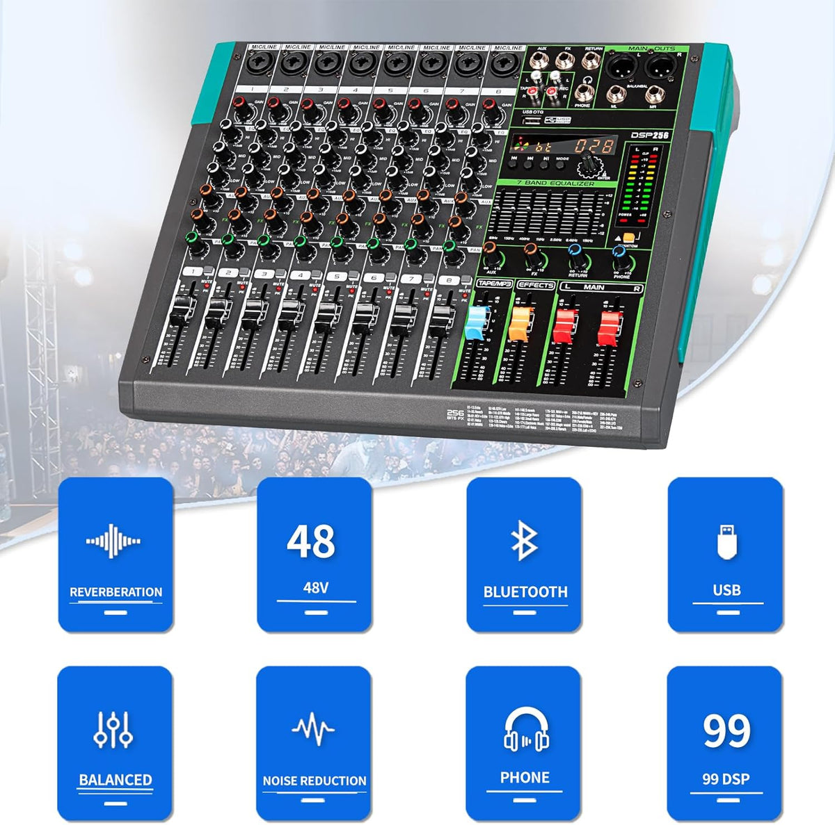 Professionele 8-Kanaals Audiomixer – Geluidsmixer – Mengpaneel – Mengtafel – DJ-Mixer – 259 DSP-Effecten – Bluetooth En USB-Speler