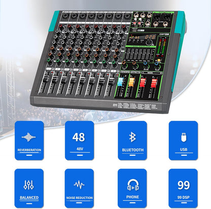 Professionele 8-Kanaals Audiomixer – Geluidsmixer – Mengpaneel – Mengtafel – DJ-Mixer – 259 DSP-Effecten – Bluetooth En USB-Speler