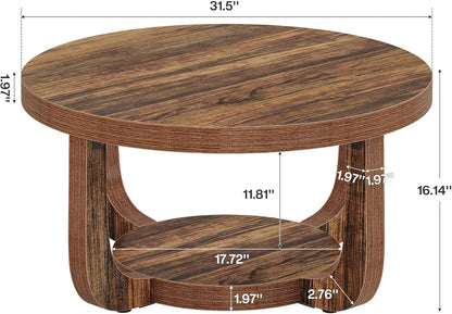 Tribesigns Round Coffee Table, 2-Step Round Coffee Table with Storage Space, 80 cm, Modern Accent Table Made of Wood for Living Room, Thick Table Top and Base, Rustic Brown