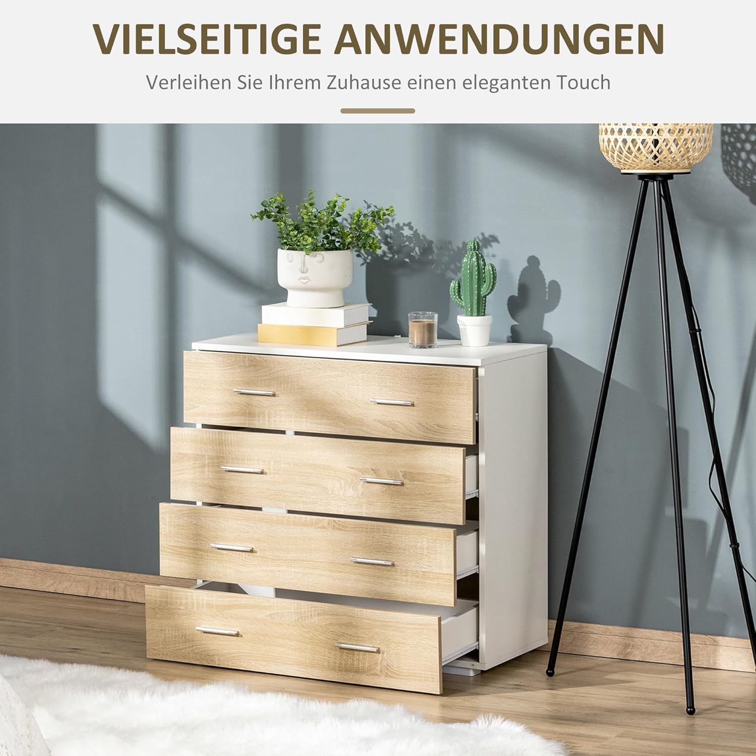 HOMCOM Chest of Drawers with 4 Drawers Bathroom Cabinet Chest of Drawers for Bedroom Living Room Oak White 76 x 35 x 72 cm - QUORE