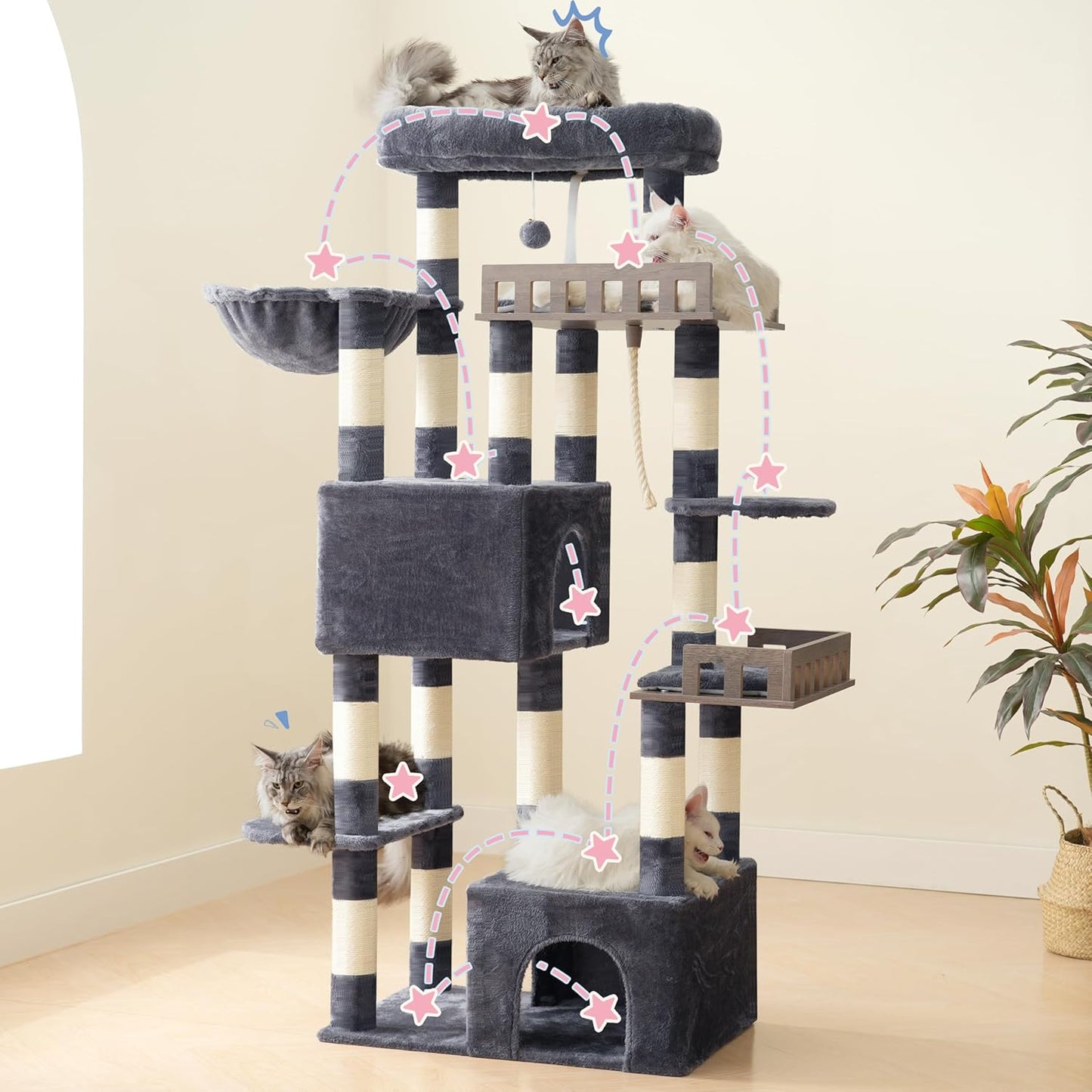 Large Cat Scratching Post for Large Adult Cats, 174 cm Cat Scratching Post with Hammock, 2 Large Sitting Bars, 2 Cat Caves, 15 Scratching Bars, Smoke Grey GCT033G - QUORE