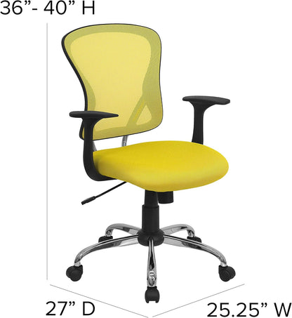 Bureaustoel – Bureaustoel Ergonomisch – Werkstoel – Computerstoel – Kantoorstoel – Gemiddelde Rugleuning – Ademend Netstof – Verchroomde Voet – Zwart Met Gele Rugleuning